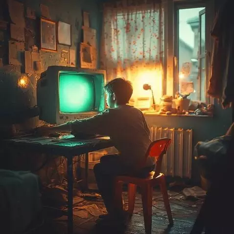 AI Video from prompt: - The child turns on the old computer. The follo