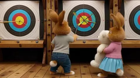 AI Video from prompt: Два милых пушистых зайца на задних лапах в тире.