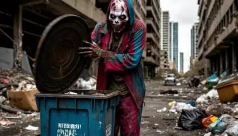 AI Video from prompt: Zombi quickly removes the lid and hides into the