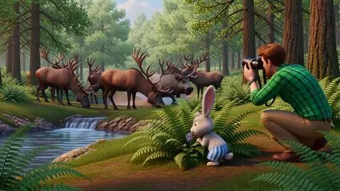 AI Video from prompt: лес,заяц одетый в шорты в полосочку , с охотнико