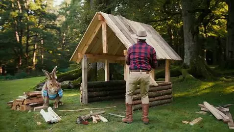 AI Video from prompt: лес,заяц одетый в шорты в полосочку , с охотнико