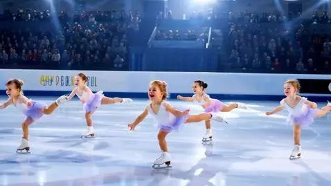 AI Video from prompt: „On a professional ice rink, five realistic babi