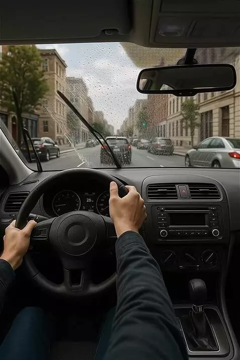 AI Video from prompt: Начинается дождь. Водитель ведет автомобиль на б