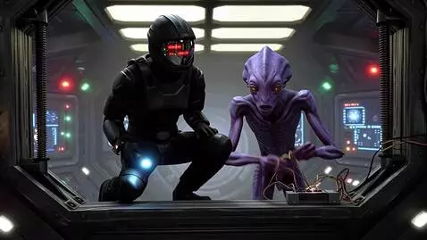 AI Video from prompt: A figure in a suit of deep-space stealth armor, 