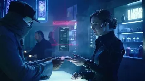 AI Video from prompt: Low-lit cyberpunk bar filled with murmurs and sy