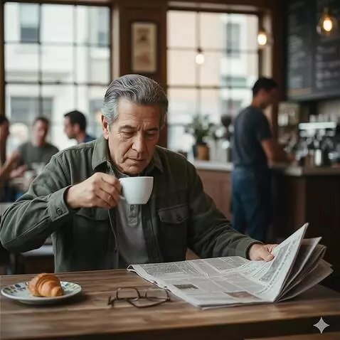 AI Video from prompt: El hombre le el periodico mientras toma de su ca