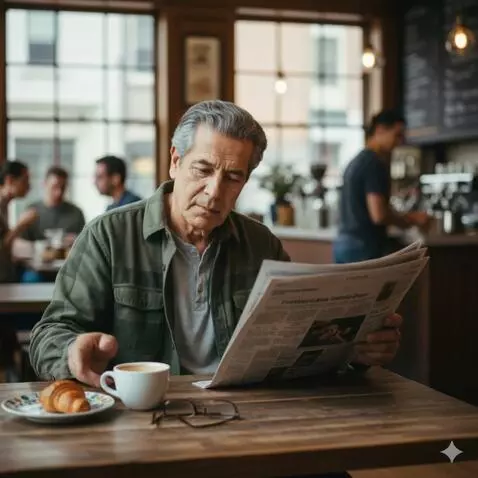 AI Video from prompt: El hombre le el periodico mientras toma de su ca