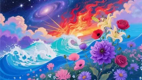 AI Video from prompt: Waves splash, the galaxy swirls, a painting with