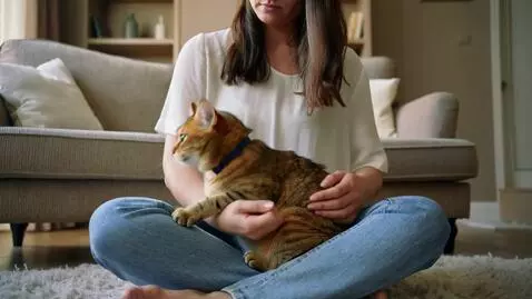 AI Video from prompt: Une femme présente son chat mais il commence à l