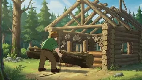 AI Video from prompt: лес,заяц одетый в шорты в полосочку , охотник ст