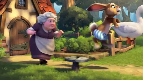 AI Video from prompt: лес,заяц одетый в шорты в полосочку украл гуся у