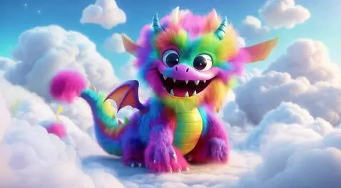 AI Video from prompt: Bright neon tye dye dragon creature with fluffy 