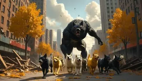 AI Video from prompt: Bunch of wild dogs run away in fear from giant b