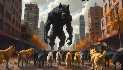 AI Video from prompt: Giant black werewolf stands before bunch of wild