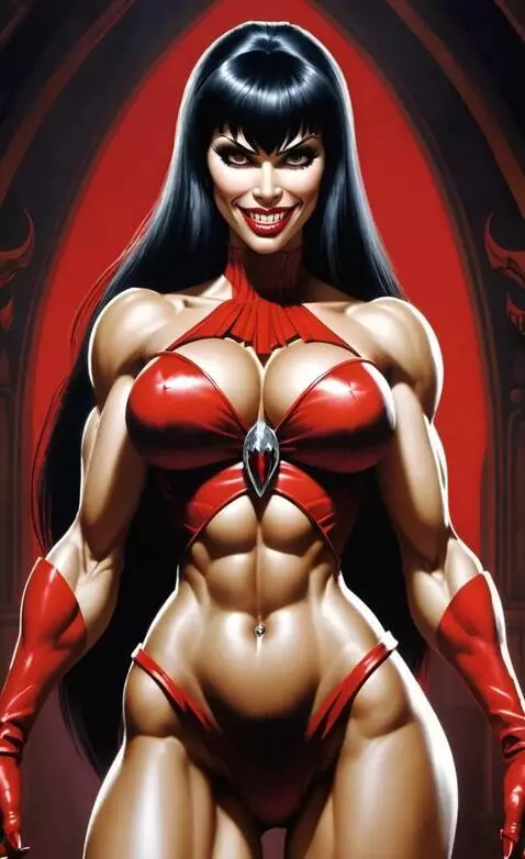 AI Video from prompt: athletic figure, vampire, smiles, baring vampire