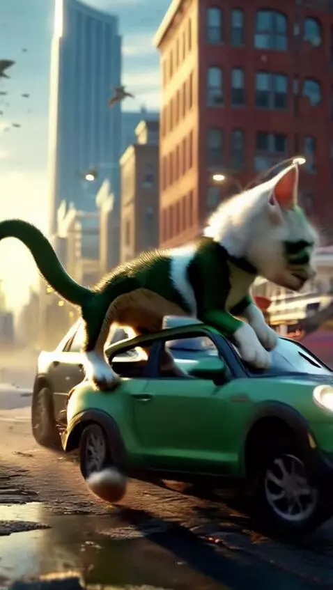 AI Video from prompt: A kitten walks around the city destroying houses