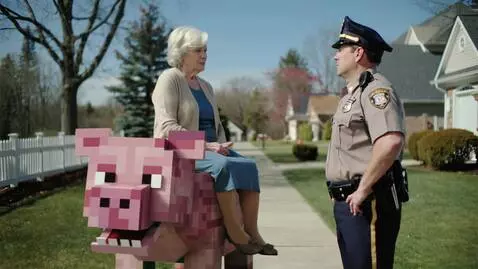 AI Video from prompt: Бабушка в реальной жизни на свинье из майнкрафта