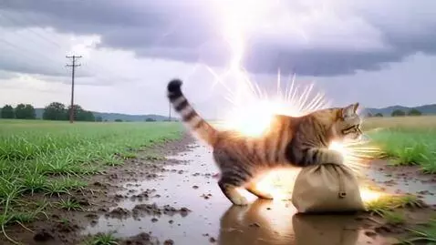 AI Video from prompt: Реалистичный Кот бежит по полю с сумкой в руках 