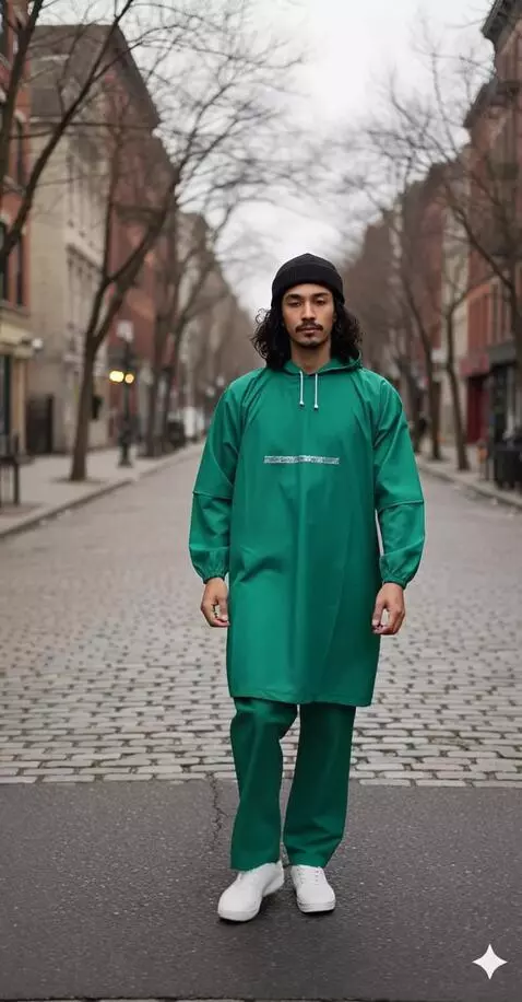 AI Video from prompt: A man showcasing a raincoat suit while walking f