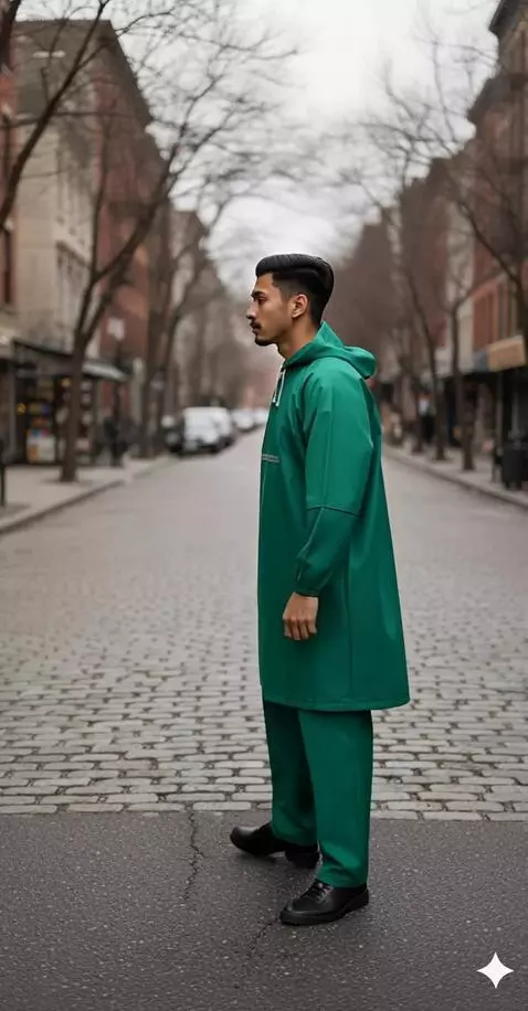 AI Video from prompt: A man showcasing a raincoat suit while walking f