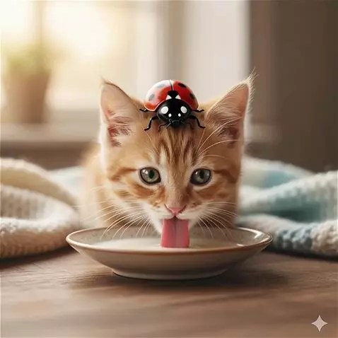 AI Video from prompt: a cat is drinking milk, and a ladybug is sitting