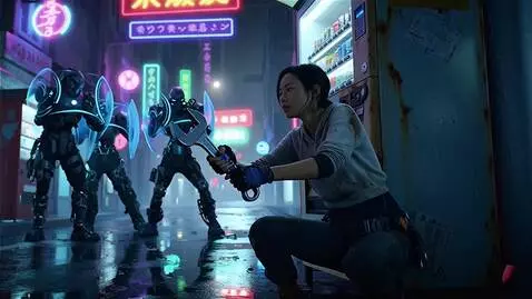 AI Video from prompt: In a neon-drenched, cyberpunk alleyway, the fugi