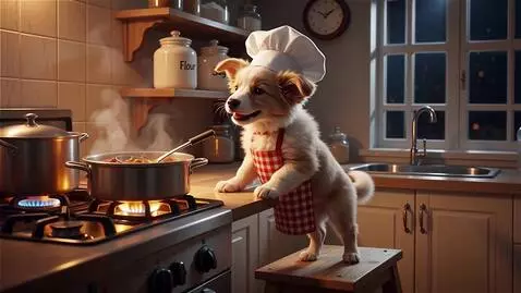 AI Video from prompt: A puppy cook cooks food in the kitchen