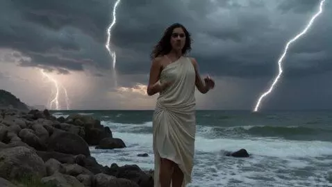 AI Video from prompt: На фоне грозового неба и моря, девушку проклинаю