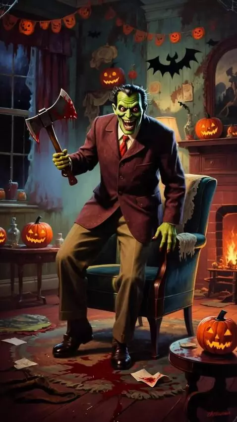 AI Video from prompt: A scary monster holding a bloody axe in a 1950s 