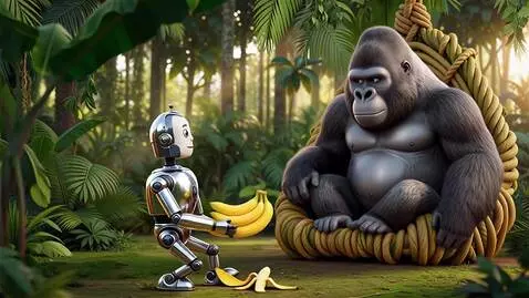 AI Video from prompt: Opening shot: A shiny humanoid robot tiptoes int