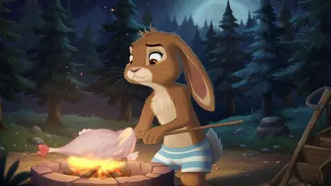 AI Video from prompt: лес,заяц одетый в шорты в полосочку готовит мясо