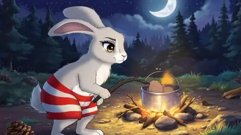 AI Video from prompt: лес,заяц одетый в шорты в полосочку готовит мясо