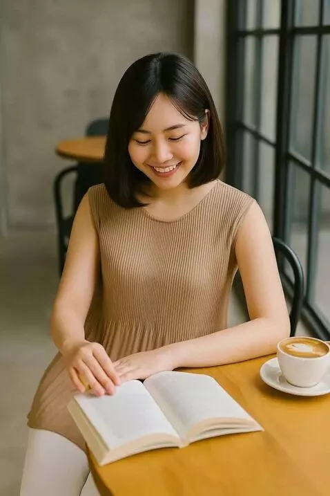 AI Video from prompt: The model reads a book elegantly, occasionally s