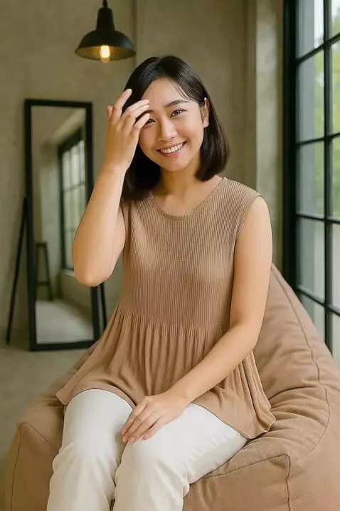 AI Video from prompt: The model sits elegantly on a beanbag, occasiona