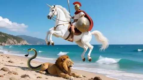 AI Video from prompt: Крылатые белый пегас высоко летит над морем на н