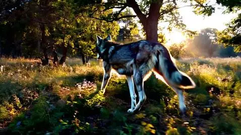 AI Video from prompt: Волк идет по утреннему летнему лесу, съемка из д