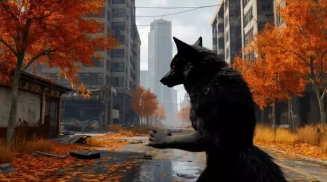 AI Video from prompt: Black werewolf rises left hand and goes to the b