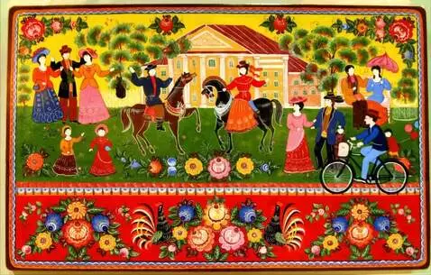 AI Video from prompt: Gorodets painting. Standing figures dance. Rider