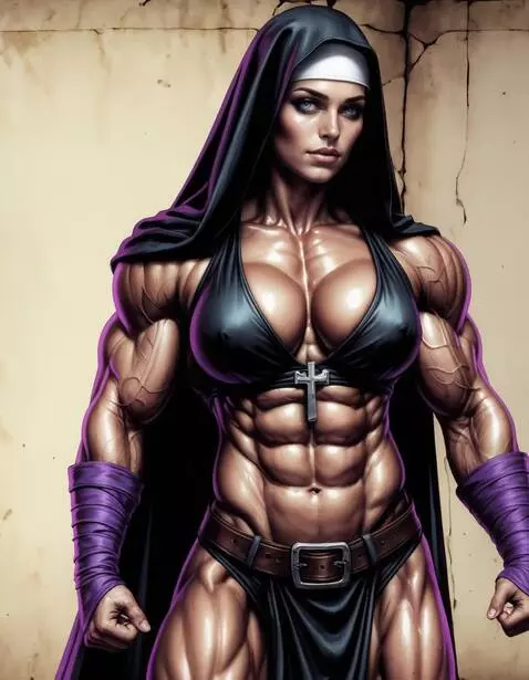 AI Video from prompt: Bodybuilder nun, walking and posing huge muscles