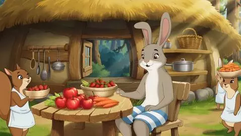 AI Video from prompt: лес,заяц одетый в шорты в полосочку ,сидит в изб