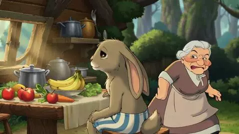 AI Video from prompt: лес,заяц одетый в шорты в полосочку ,сидит в изб