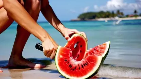 AI Video from prompt: Action (8s): Cat-man proudly cuts a watermelon o