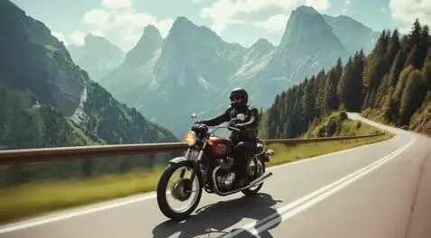 AI Video from prompt: Байкер едет по горной дороге и любуется прекрасн