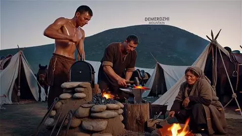 AI Video from prompt: Nomadic tribes set up a forge on Demerdzhi