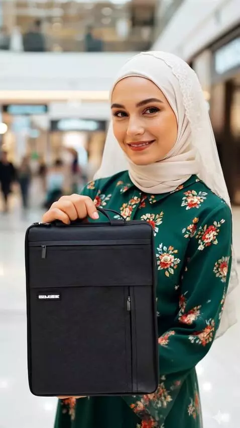 AI Video from prompt: seorang wanita menunjukkan tasnya ke arah kamera