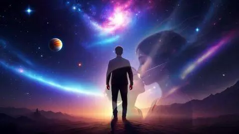 AI Video from prompt: A young man walks under a sky full of galaxies, 