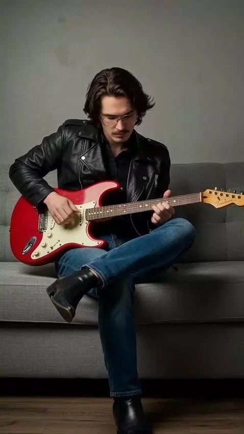 AI Video from prompt: A young man slowly and smoothly plucks the strin