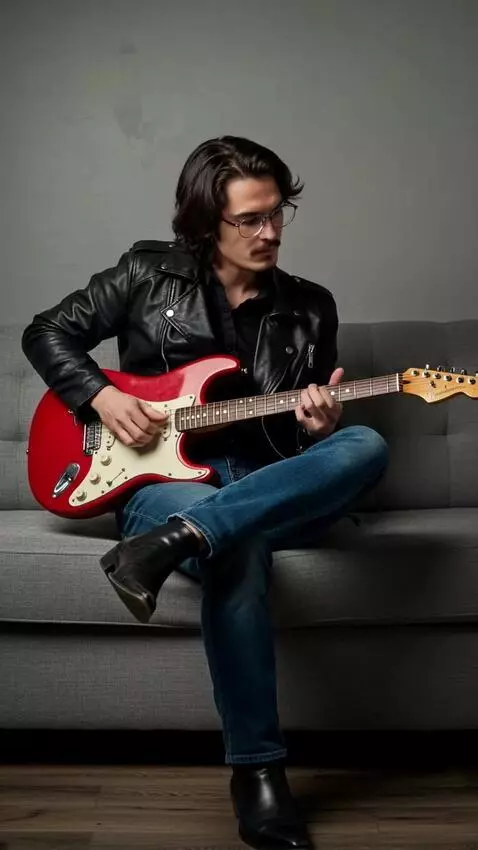 AI Video from prompt: A young man slowly and smoothly plucks the strin