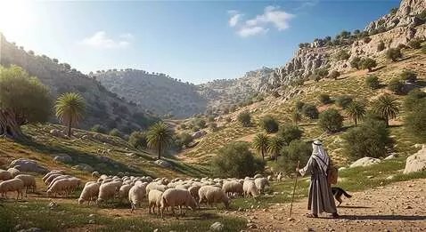 AI Video from prompt: beautiful landscape of ancient Israel. A flock o