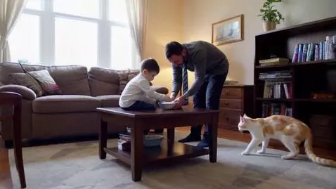 AI Video from prompt: Папа ищет галстук, ребёнок – дневник, кот – миск